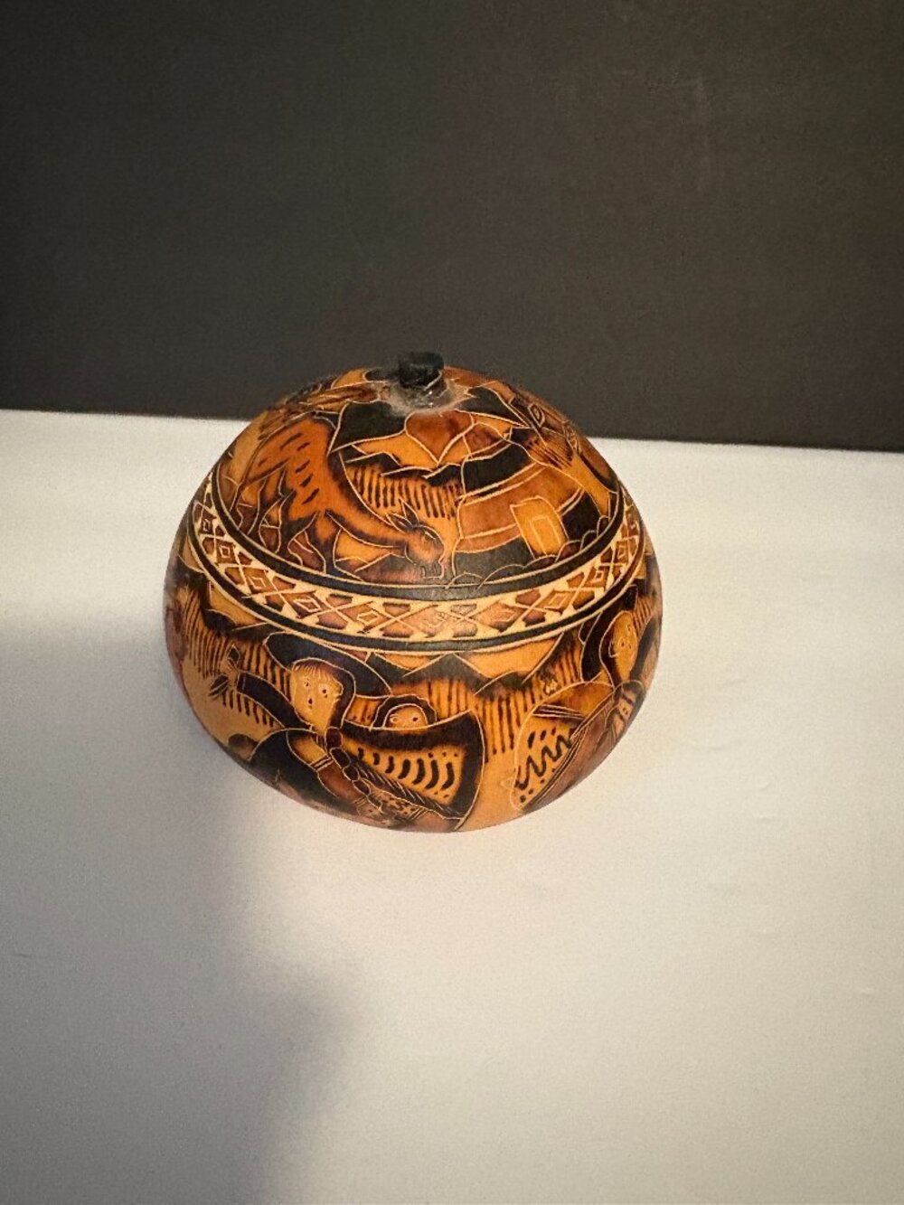 Vintage Hand Carved Etched Painted Peruvian Pictorial Gourd Folkart